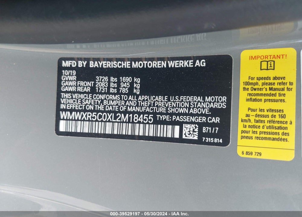2020 MINI HARDTOP COOPER S VIN: WMWXR5C0XL2M18455