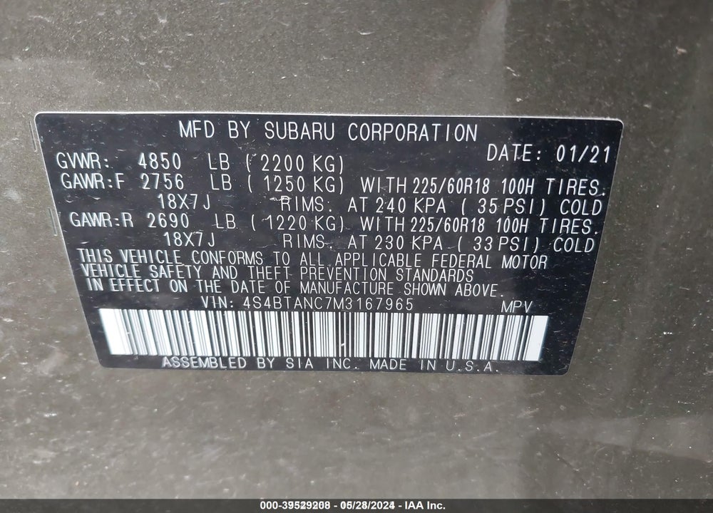 2021 SUBARU OUTBACK LIMITED VIN: 4S4BTANC7M3167965
