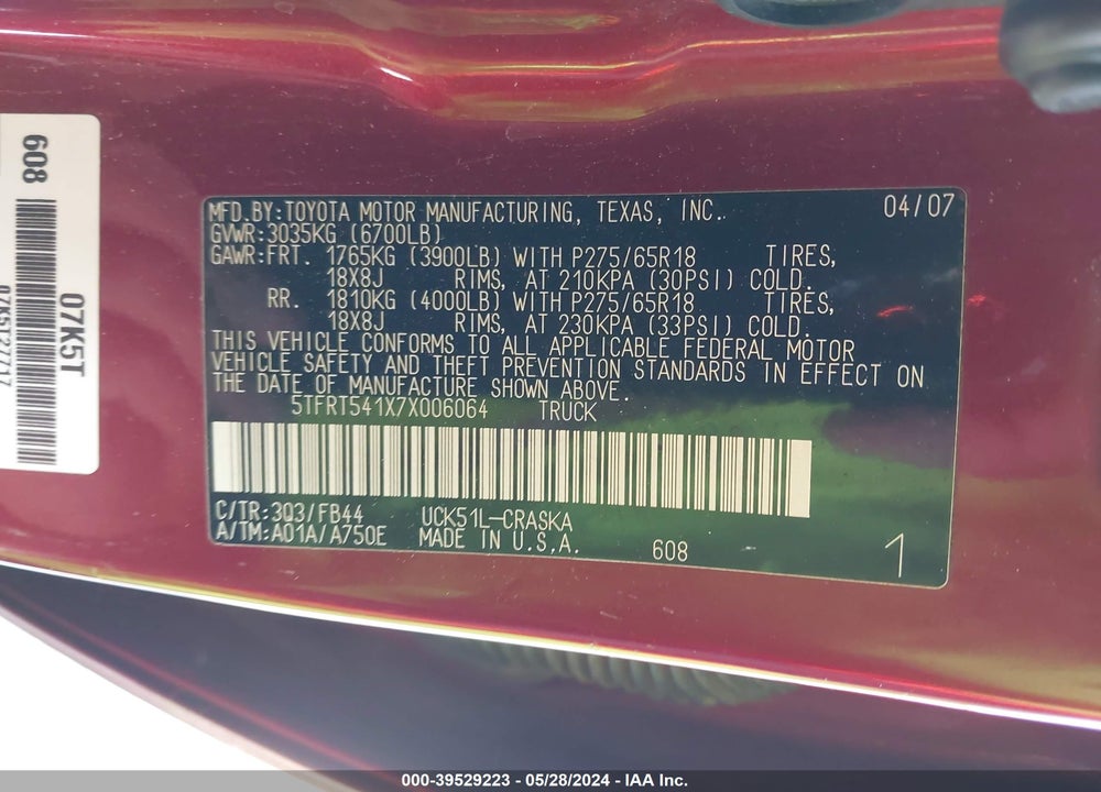 2007 TOYOTA TUNDRA SR5 4.7L V8 VIN: 5TFRT541X7X006064