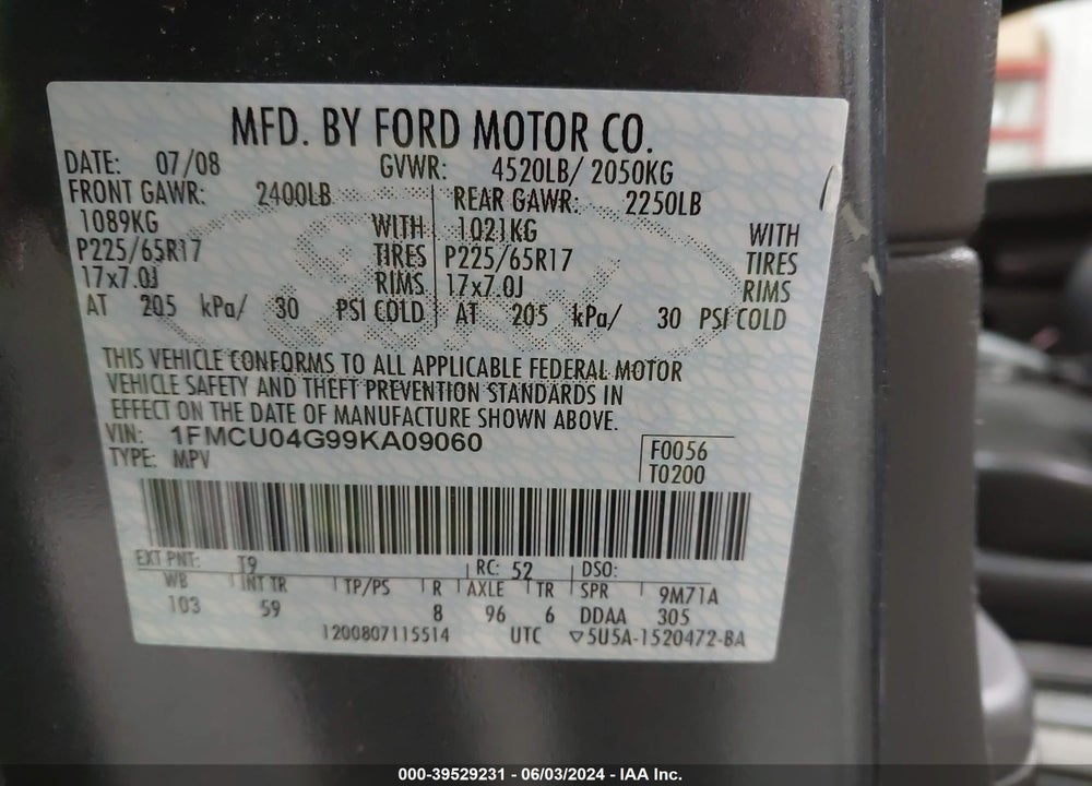 2009 FORD ESCAPE LIMITED VIN: 1FMCU04G99KA09060