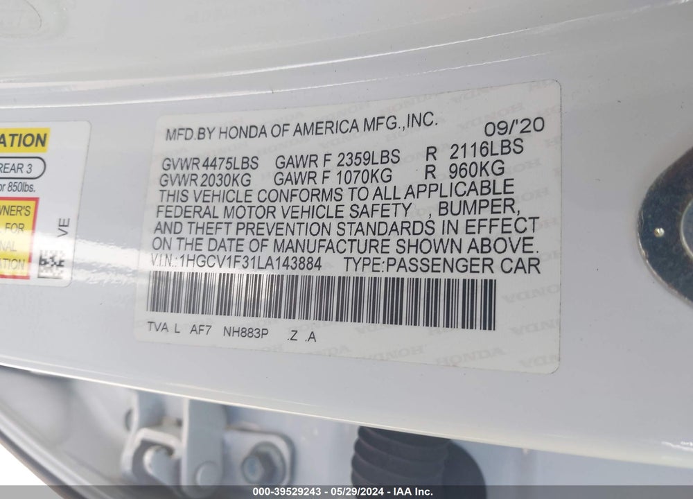 2020 HONDA ACCORD SPORT VIN: 1HGCV1F31LA143884