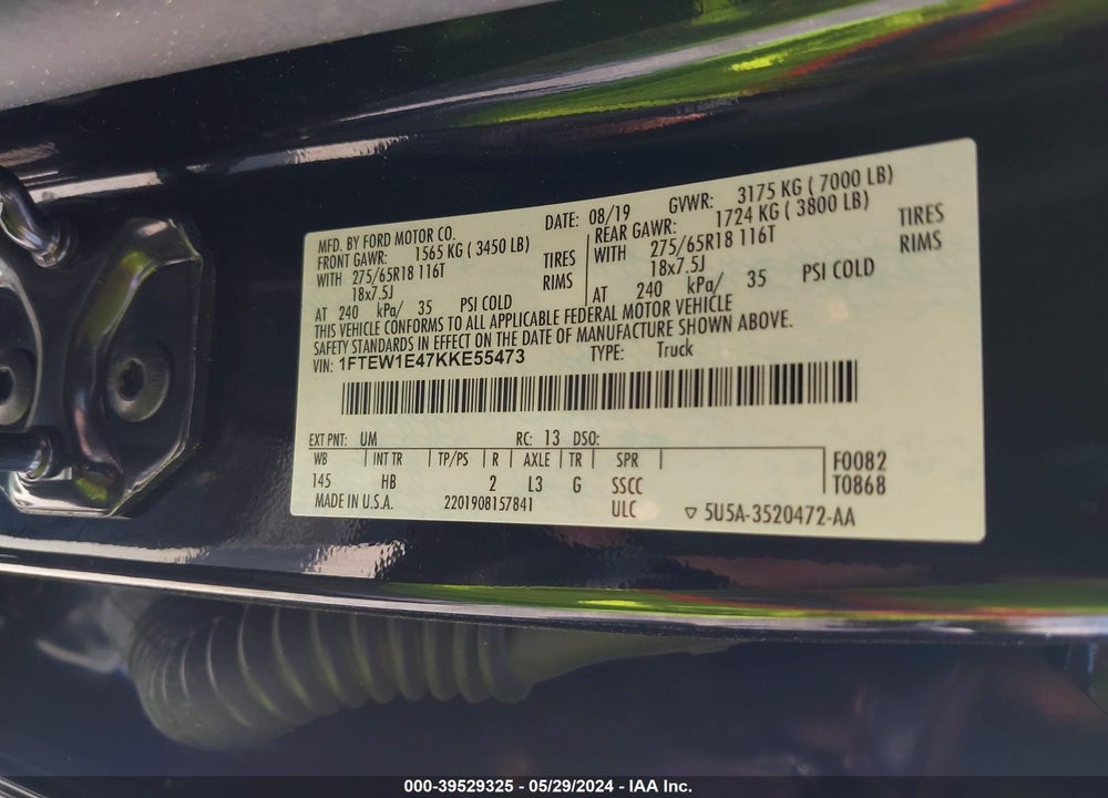 2019 FORD F-150 LARIAT VIN: 1FTEW1E47KKE55473