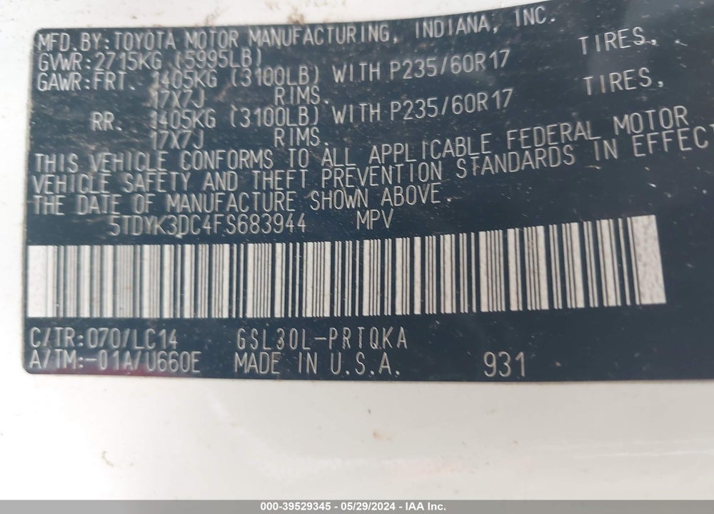 2015 TOYOTA SIENNA XLE 8 PASSENGER VIN: 5TDYK3DC4FS683944