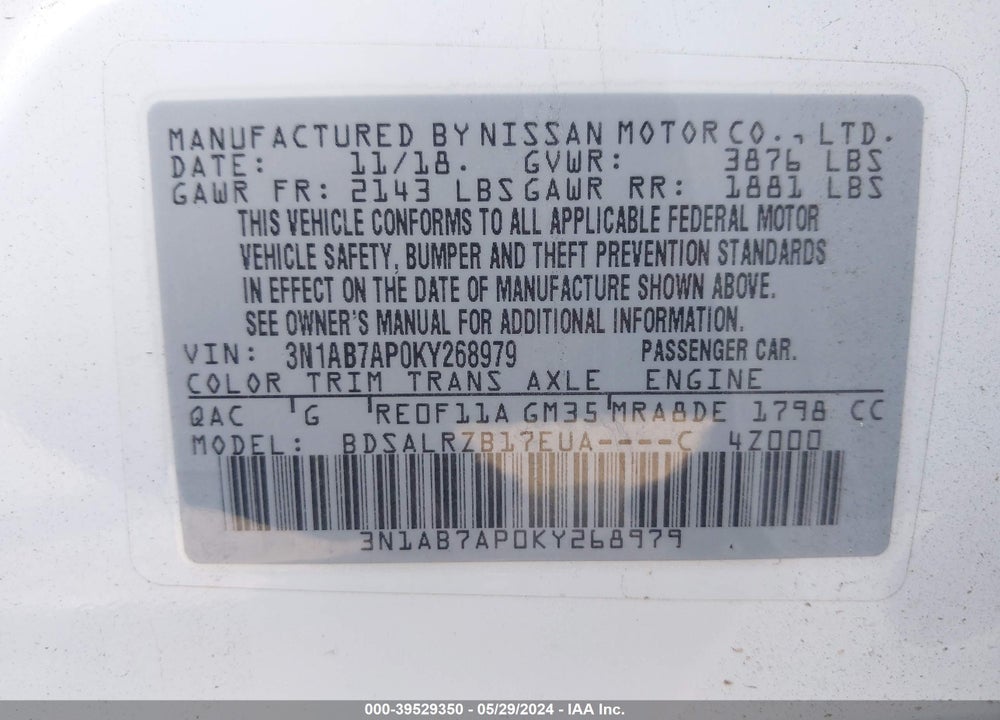 2019 NISSAN SENTRA SR VIN: 3N1AB7AP0KY268979