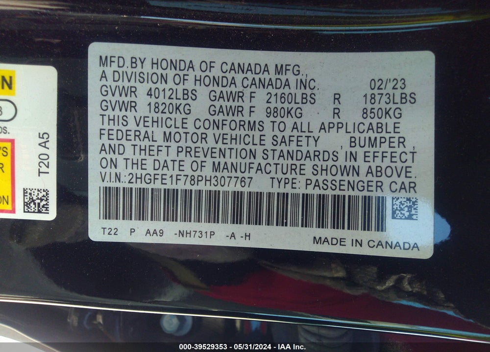 2023 HONDA CIVIC VIN: 2HGFE1F78PH307767