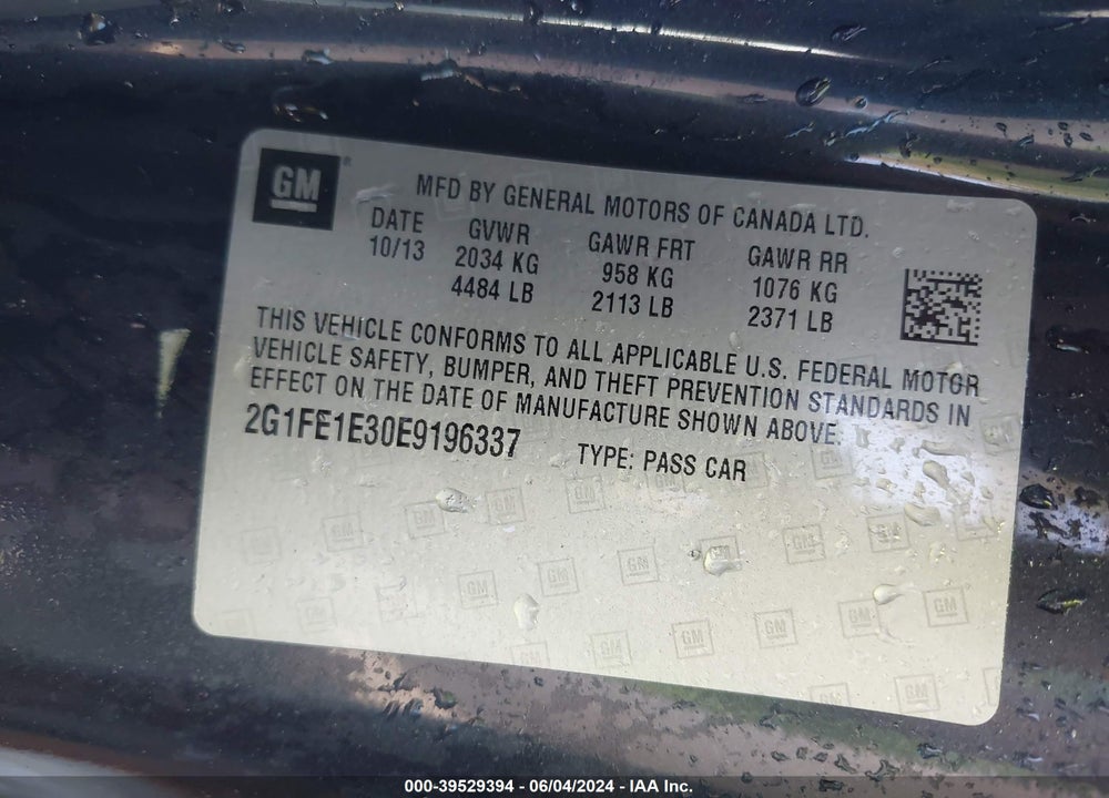 2014 CHEVROLET CAMARO 1LS VIN: 2G1FE1E30E9196337