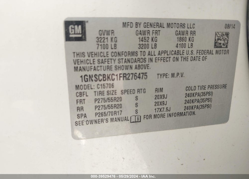 2015 CHEVROLET TAHOE LT VIN: 1GNSCBKC1FR276475