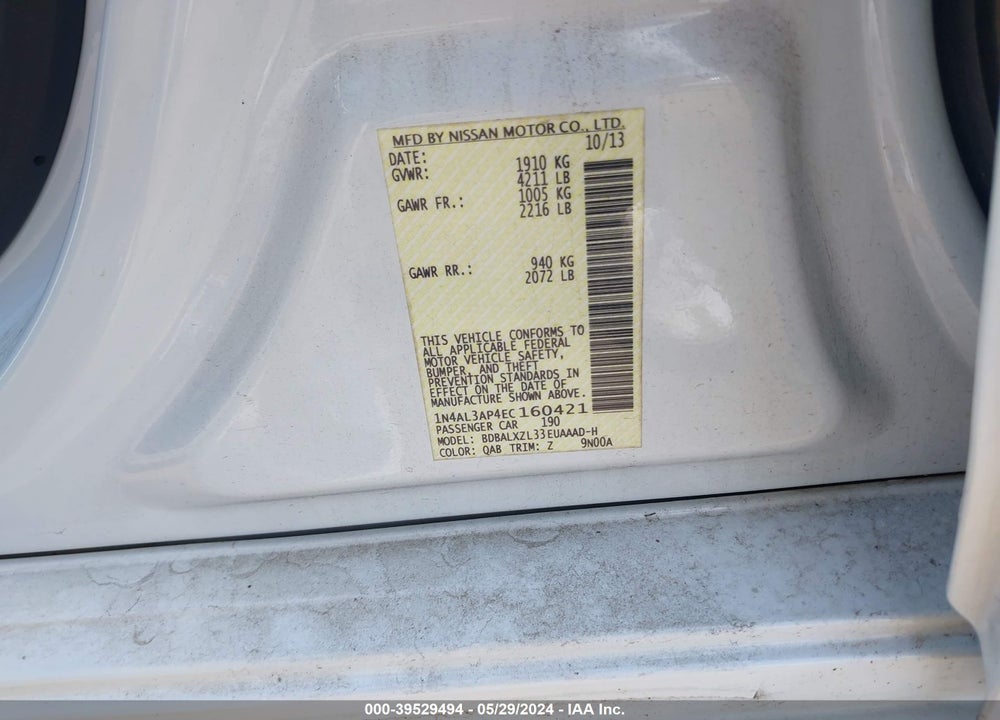 2014 NISSAN ALTIMA 2.5 SL VIN: 1N4AL3AP4EC160421