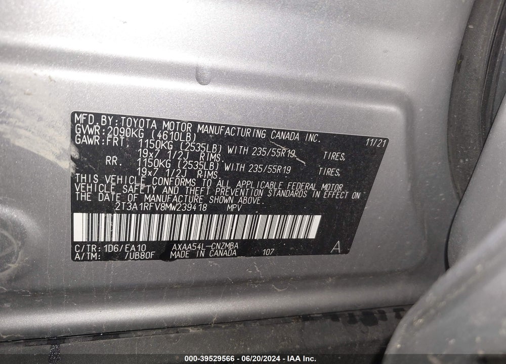 2021 TOYOTA RAV4 VIN: 2T3A1RFV8MW239418