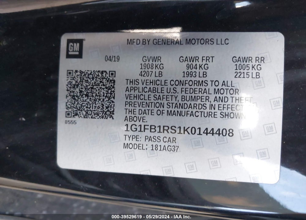 2019 CHEVROLET CAMARO 1LT VIN: 1G1FB1RS1K0144408