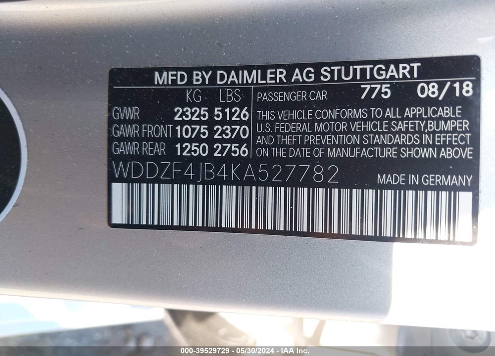2019 MERCEDES-BENZ E 300 VIN: WDDZF4JB4KA527782