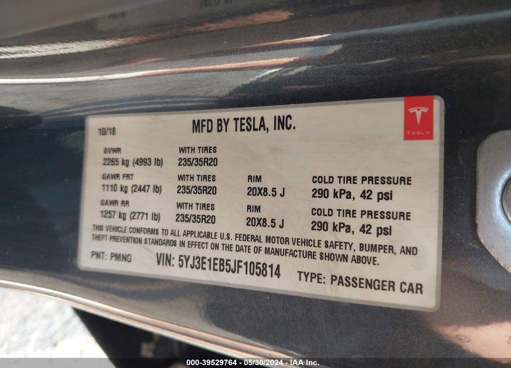 2018 TESLA MODEL 3 LONG RANGE/PERFORMANCE VIN: 5YJ3E1EB5JF105814