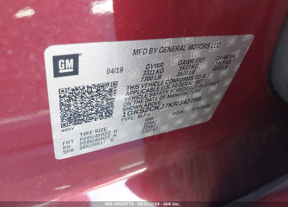 2019 GMC YUKON DENALI VIN: 1GKS2CKJ7KR342798