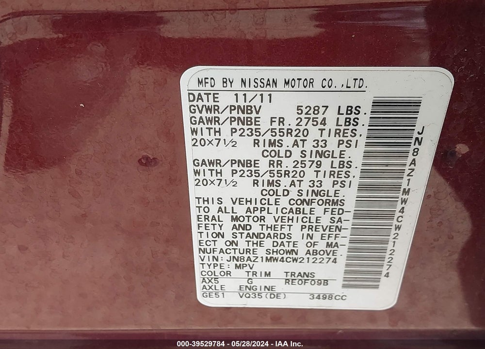 2012 NISSAN MURANO LE VIN: JN8AZ1MW4CW212274