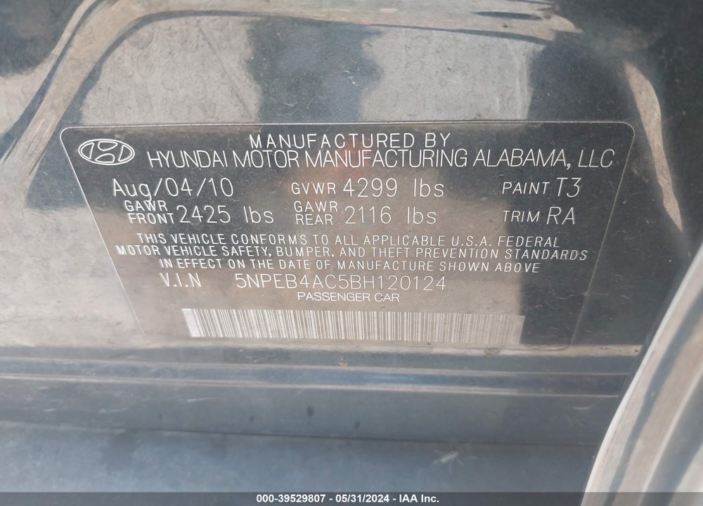 2011 HYUNDAI SONATA GLS VIN: 5NPEB4AC5BH120124