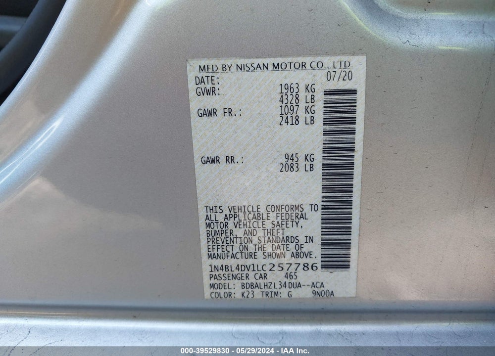 2020 NISSAN ALTIMA SV FWD VIN: 1N4BL4DV1LC257786