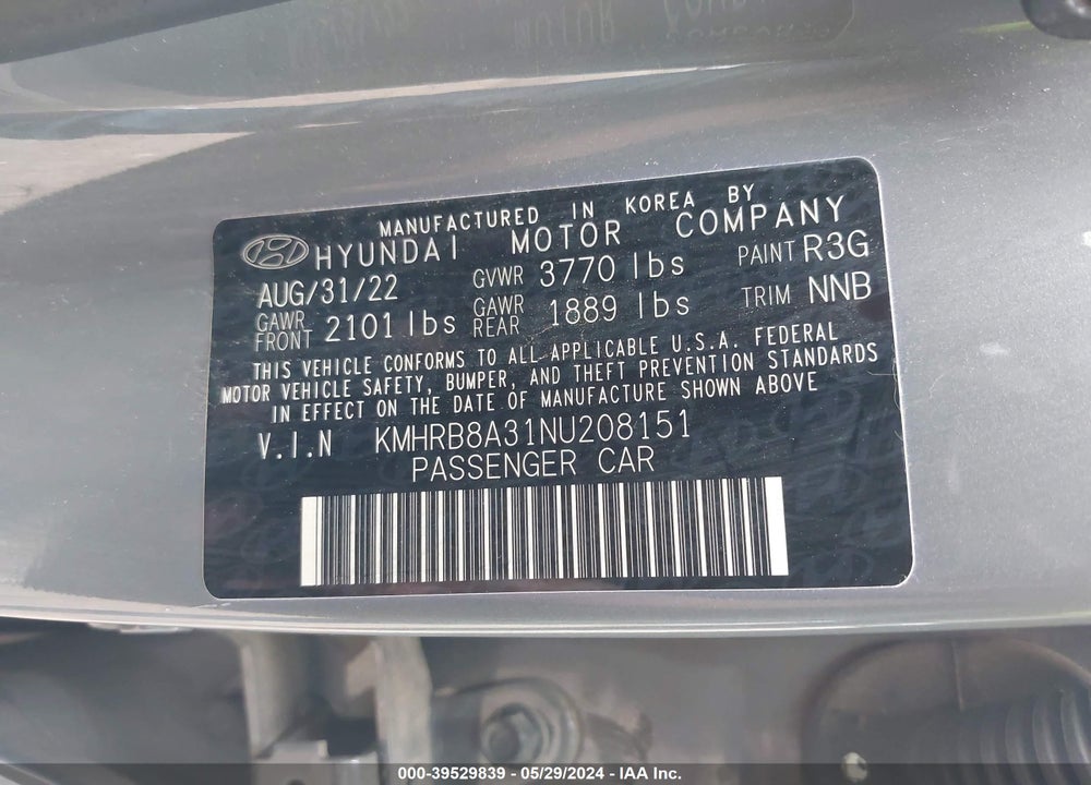 2022 HYUNDAI VENUE SE VIN: KMHRB8A31NU208151