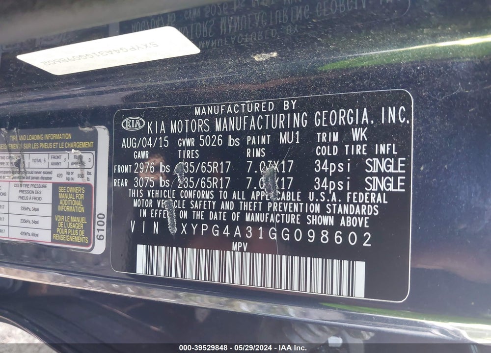 2016 KIA SORENTO 2.4L LX VIN: 5XYPG4A31GG098602