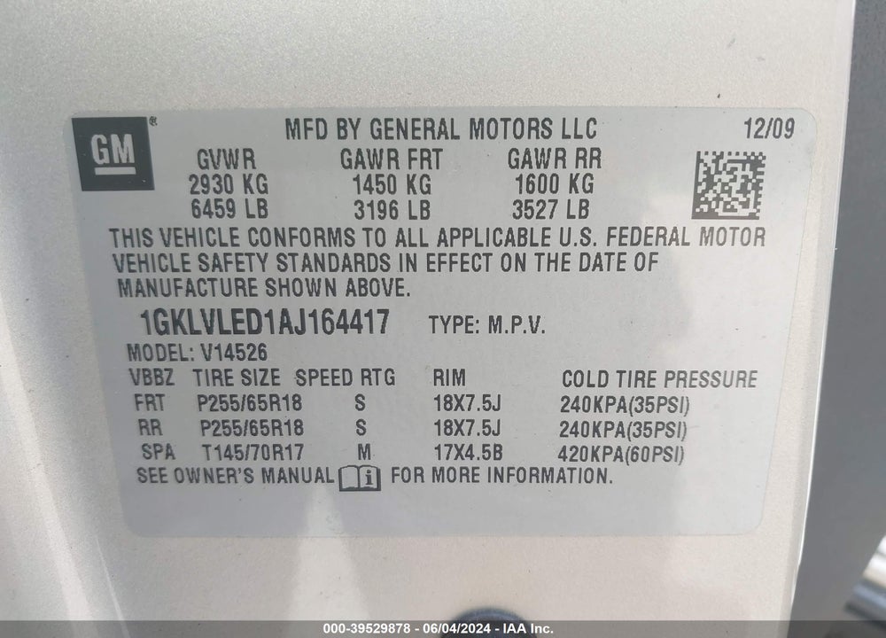 2010 GMC ACADIA SLE VIN: 1GKLVLED1AJ164417