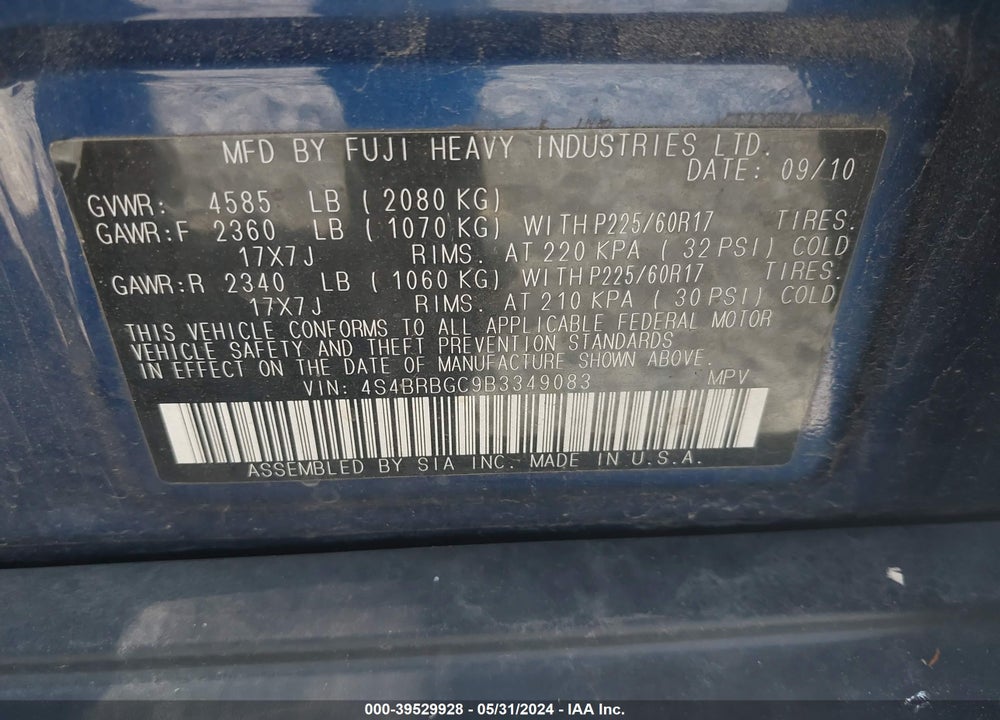 2011 SUBARU OUTBACK 2.5I PREMIUM VIN: 4S4BRBGC9B3349083