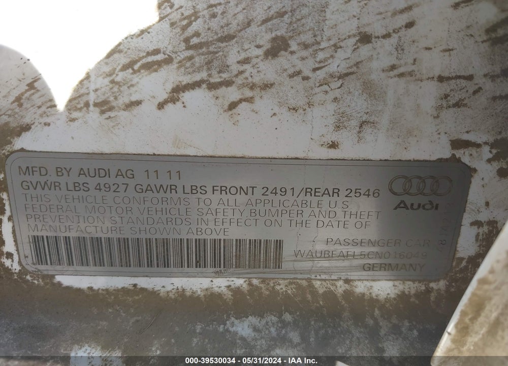 2012 AUDI A4 2.0T PREMIUM VIN: WAUBFAFL5CN016049