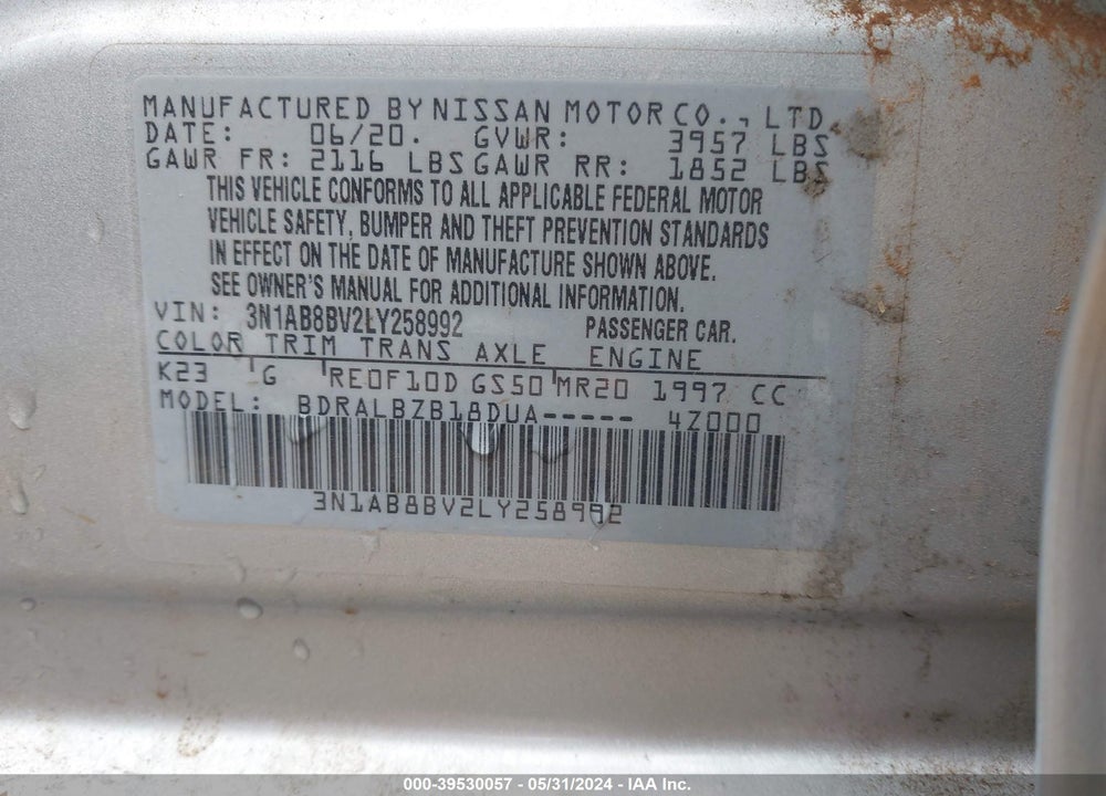 2020 NISSAN SENTRA S XTRONIC CVT VIN: 3N1AB8BV2LY258992