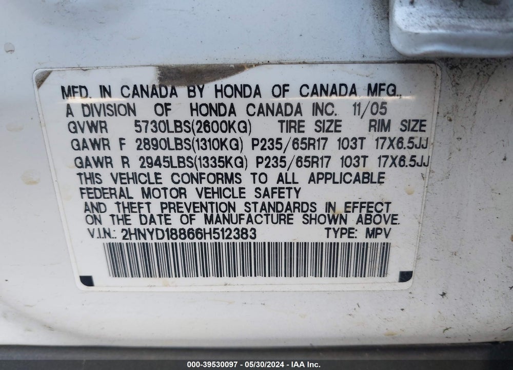 2006 ACURA MDX VIN: 2HNYD18866H512383
