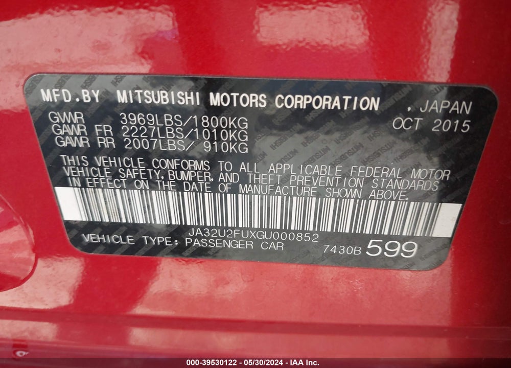 2016 MITSUBISHI LANCER ES VIN: JA32U2FUXGU000852