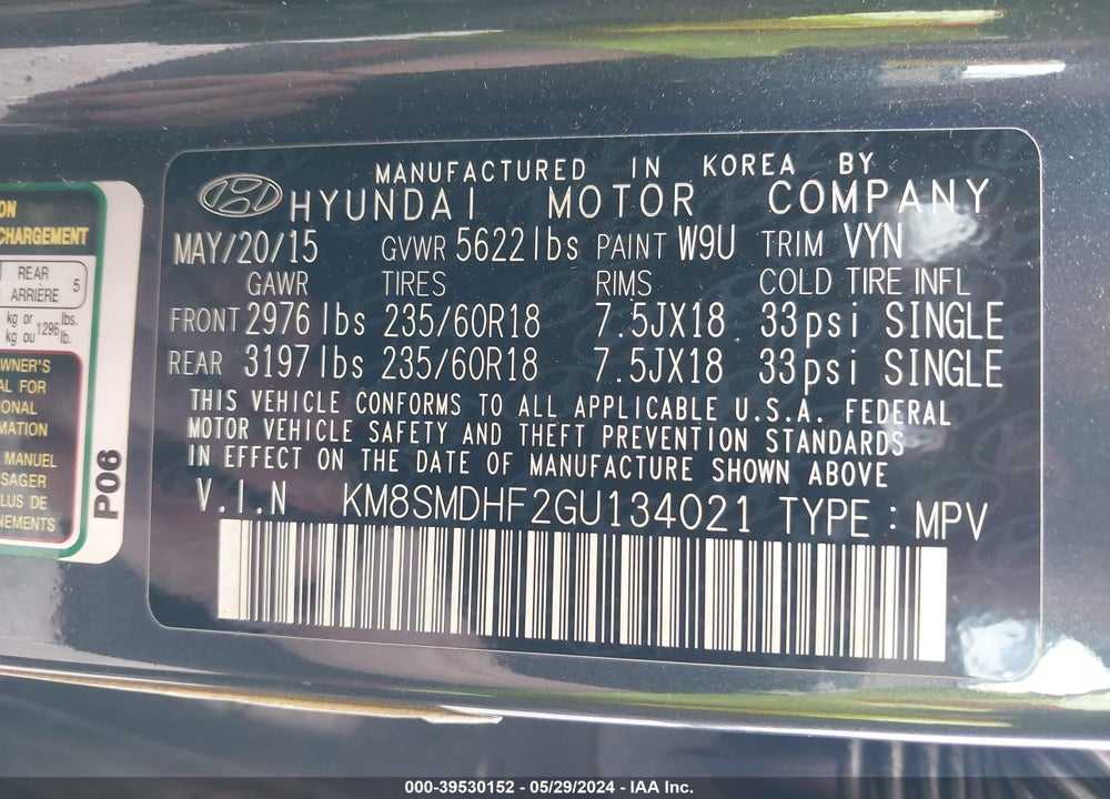 2016 HYUNDAI SANTA FE SE VIN: KM8SMDHF2GU134021