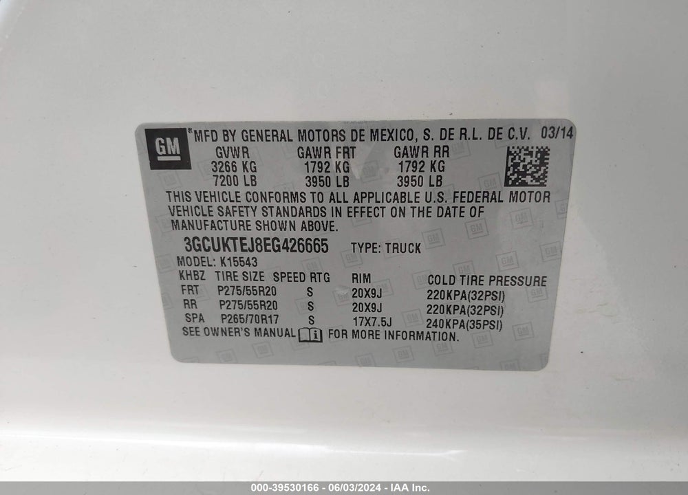 2014 CHEVROLET SILVERADO 1500 HIGH COUNTRY VIN: 3GCUKTEJ8EG426665