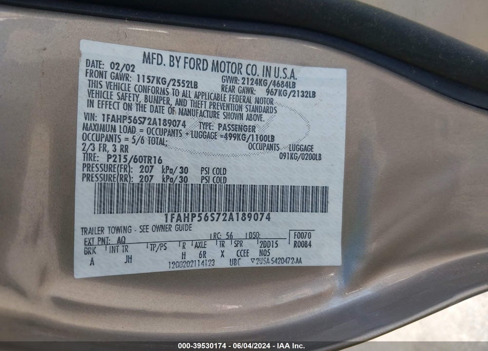 2002 FORD TAURUS SEL VIN: 1FAHP56S72A189074