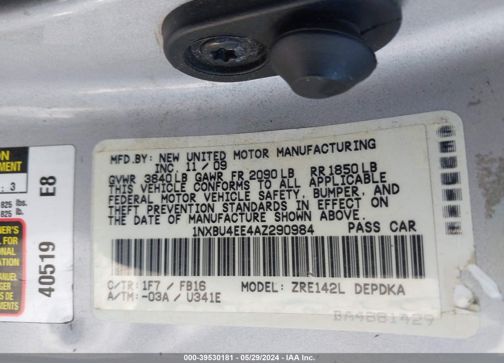 2010 TOYOTA COROLLA VIN: 1NXBU4EE4AZ290984