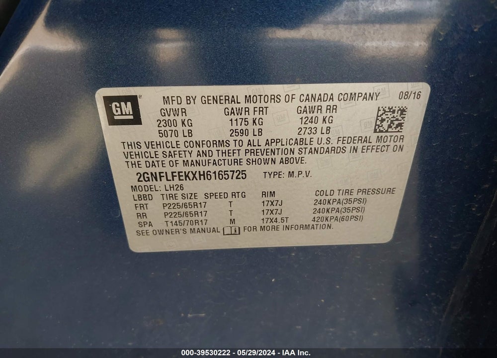 2017 CHEVROLET EQUINOX LT VIN: 2GNFLFEKXH6165725