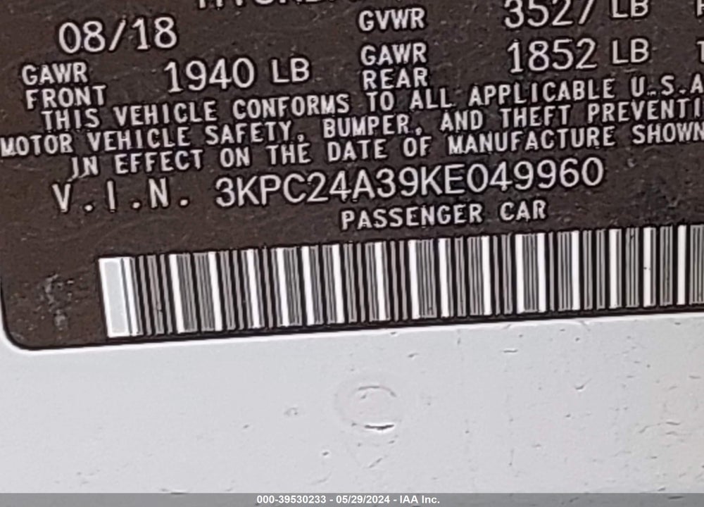 2019 HYUNDAI ACCENT SE VIN: 3KPC24A39KE049960