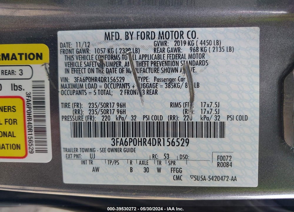 2013 FORD FUSION VIN: 3FA6P0HR4DR156529
