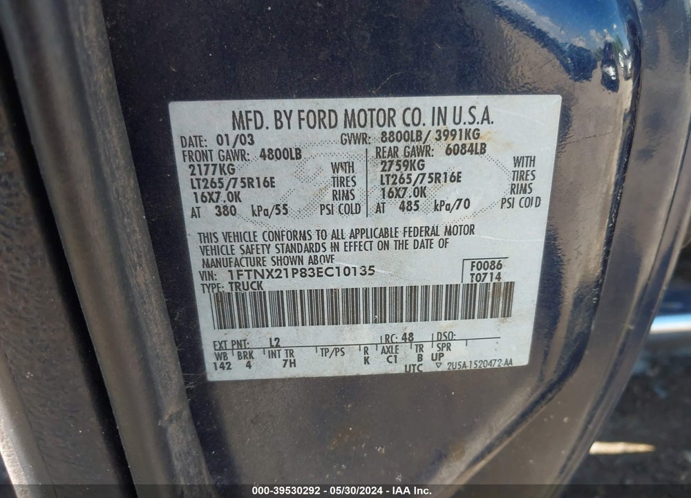2003 FORD F-250 LARIAT/XL/XLT VIN: 1FTNX21P83EC10135