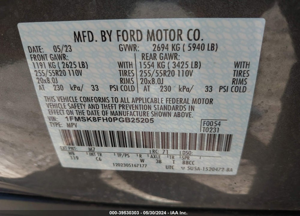 2023 FORD EXPLORER LIMITED VIN: 1FMSK8FH0PGB25205