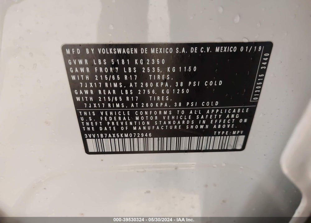 2019 VOLKSWAGEN TIGUAN 2.0T S VIN: 3VV1B7AX5KM072946