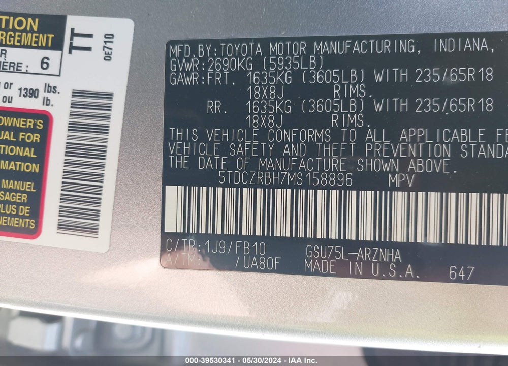 2021 TOYOTA HIGHLANDER L VIN: 5TDCZRBH7MS158896