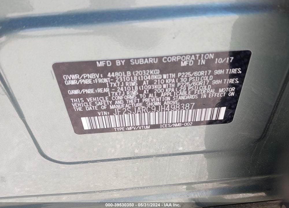 2018 SUBARU FORESTER 2.5I LIMITED VIN: JF2SJARC9JH498387