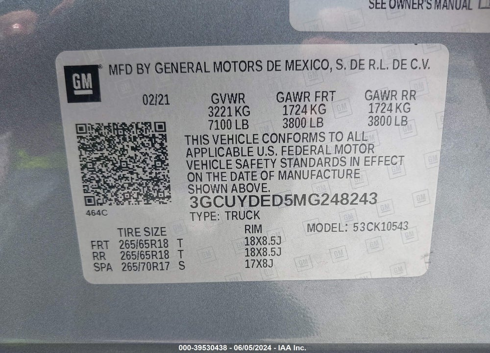 2021 CHEVROLET SILVERADO 1500 4WD SHORT BED LT VIN: 3GCUYDED5MG248243