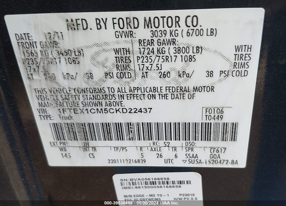 2012 FORD F-150 STX VIN: 1FTEX1CM5CKD22437