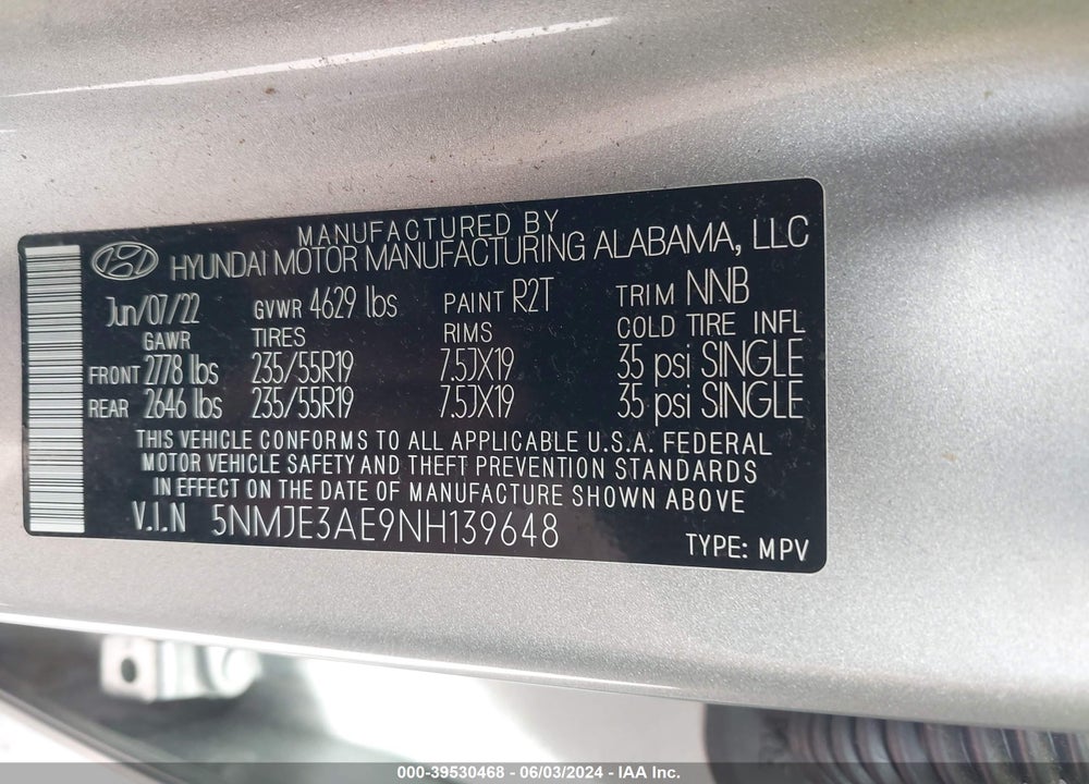 2022 HYUNDAI TUCSON LIMITED VIN: 5NMJE3AE9NH139648