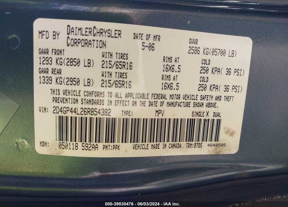 2006 DODGE GRAND CARAVAN SXT VIN: 2D4GP44L26R854382