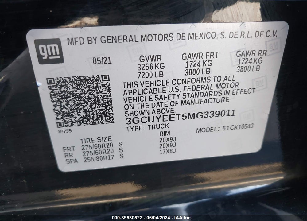 2021 CHEVROLET SILVERADO 1500 4WD SHORT BED RST VIN: 3GCUYEET5MG339011