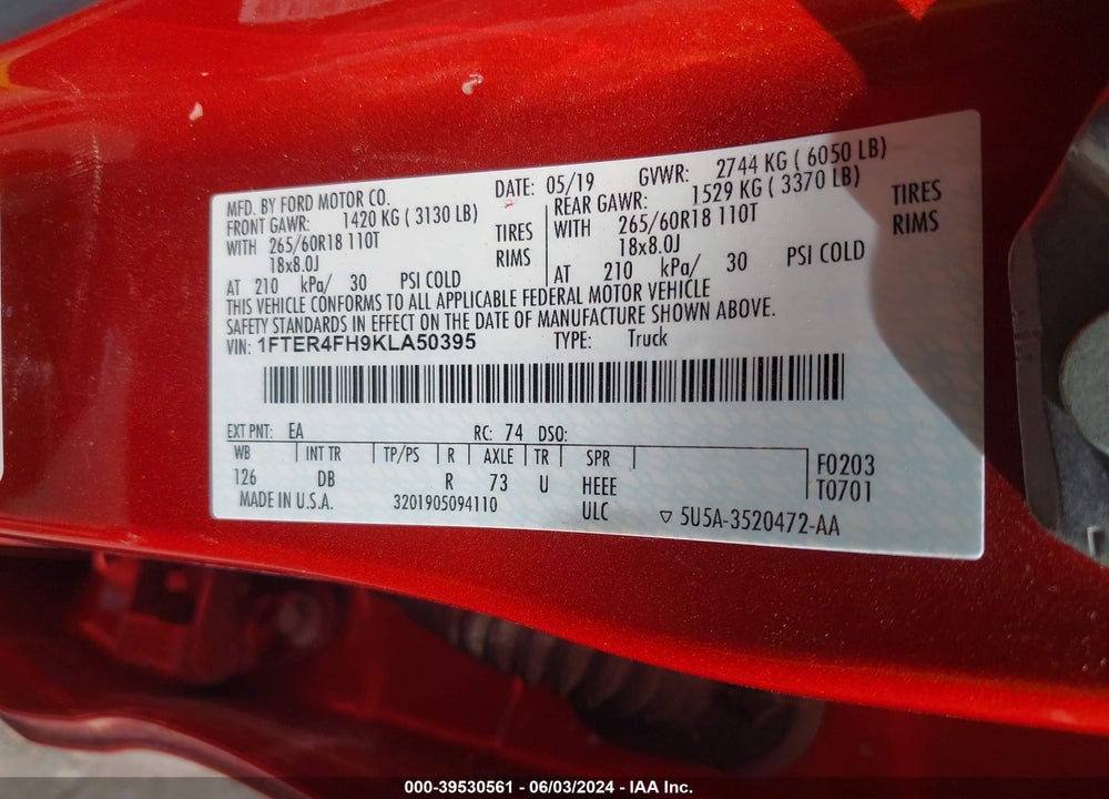 2019 RANGER FORD  LARIAT VIN: 1FTER4FH9KLA50395