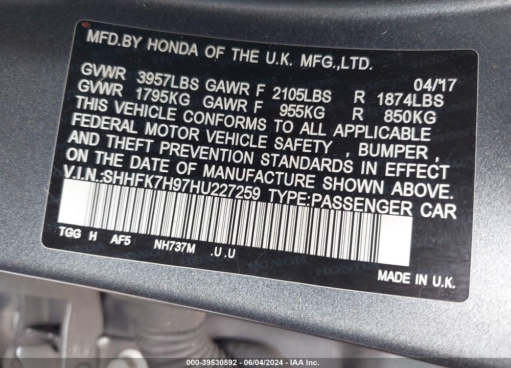 2017 HONDA CIVIC SPORT TOURING VIN: SHHFK7H97HU227259