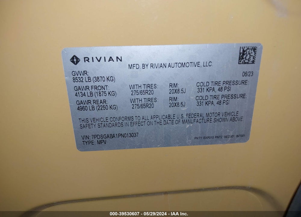 2023 RIVIAN R1S ADVENTURE VIN: 7PDSGABA1PN013037