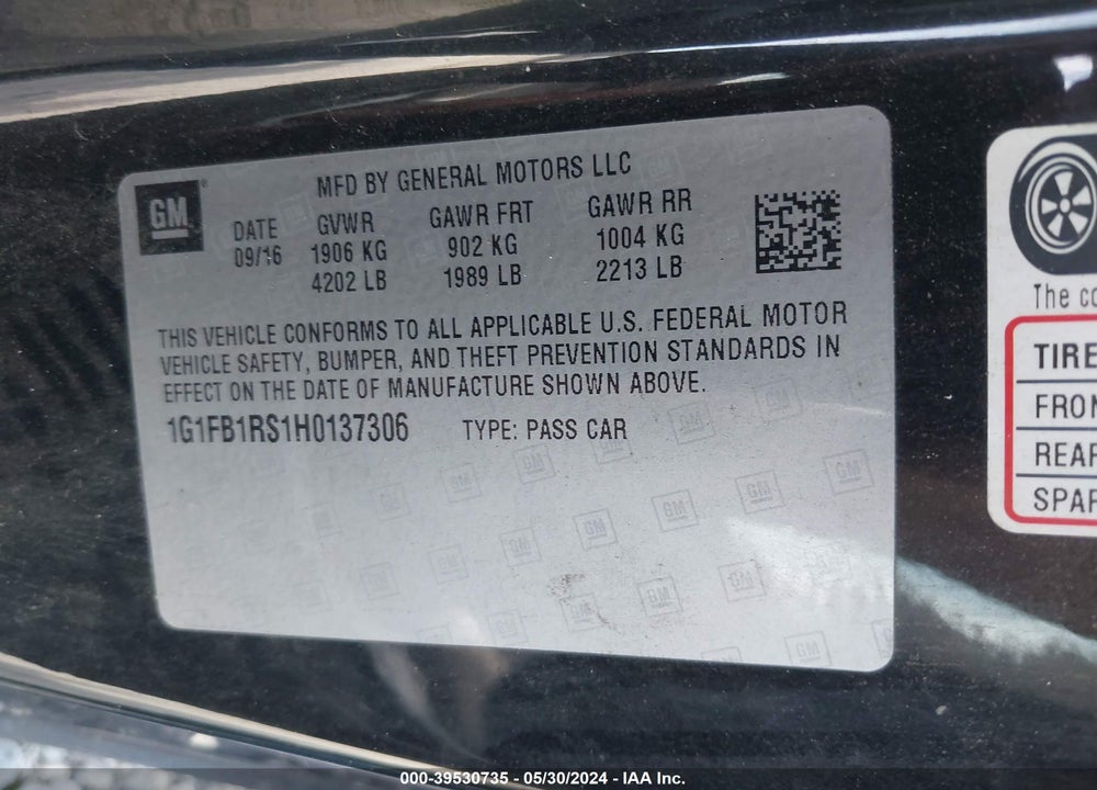 2017 CHEVROLET CAMARO 1LT VIN: 1G1FB1RS1H0137306