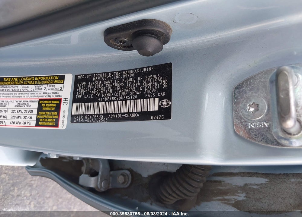 2009 TOYOTA CAMRY VIN: 4T1BE46K29U885426